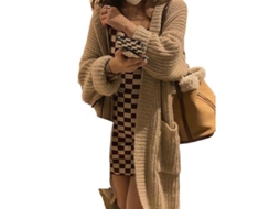 Cardigan Feminino Crochê Grosso Oversize Com Mangas Balão Not Made Casaco De Lã E Algodão Khaki