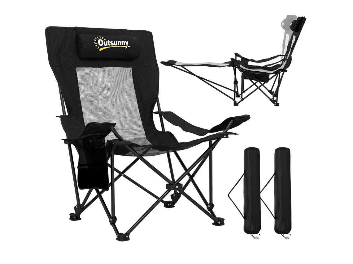 Conjunto 2 cadeiras dobráveis camping reclináveis apoio para os pés removível apoio de cabeça porta copos bolsa preto BTFORUS