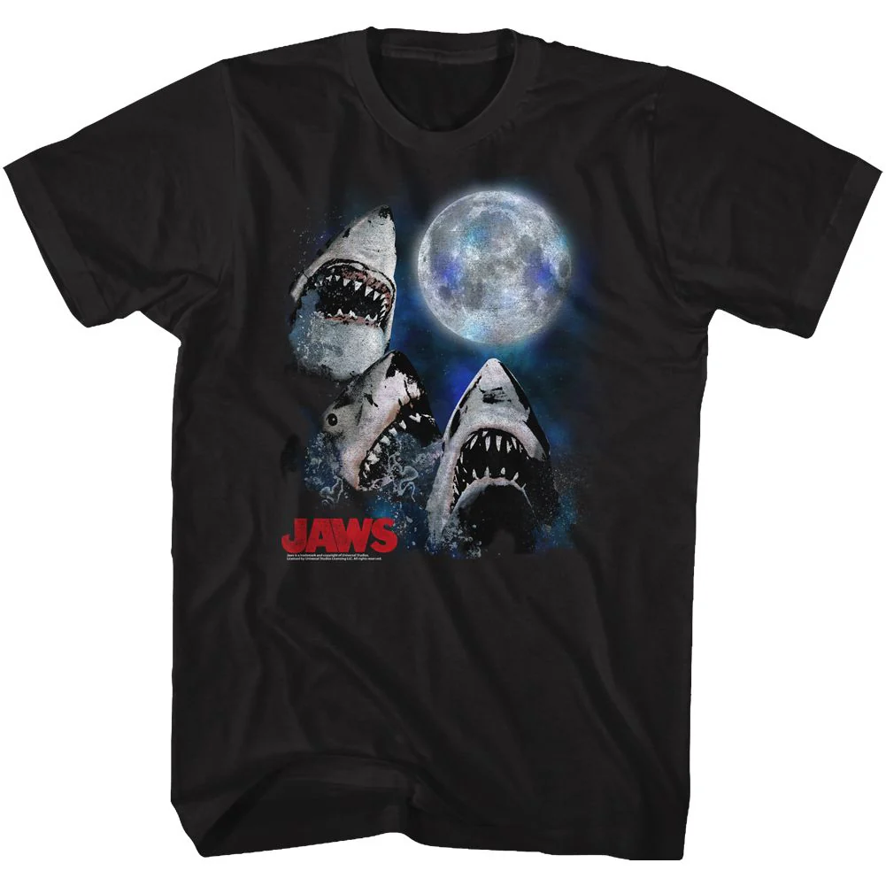 Unisex Adult T-shirt Rockinstone Jaws Movie Three Shark Moon Black Sizexxl