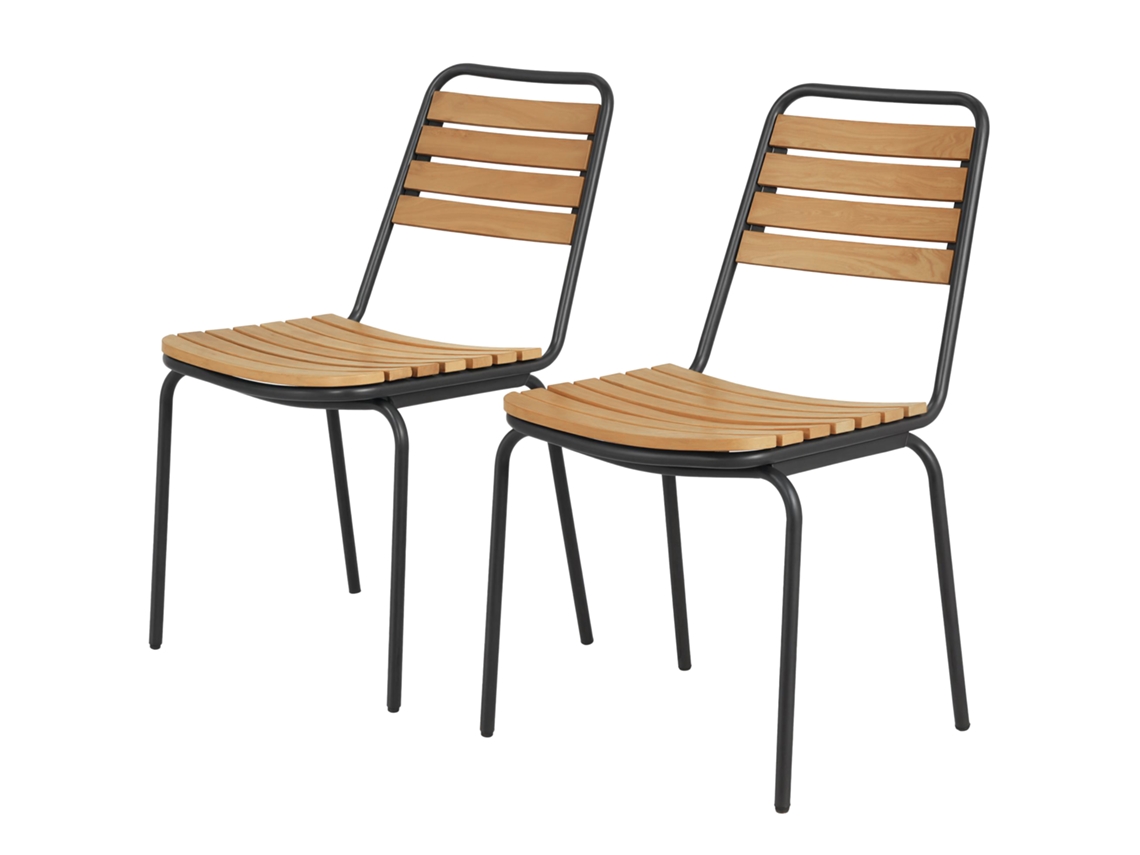 Conjunto De 2 Cadeiras De Jardim Empilháveis, Assento E Encosto Em Madeira Maciça Com Ripas, Estrutura De Aço, 61x47x81cm, Natural