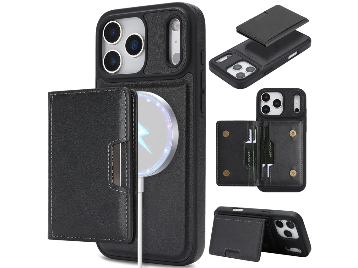 Capa Para Iphone 17 Pro, Com Suporte Magnético Para Cartões, Em Couro Sintético, Preta.