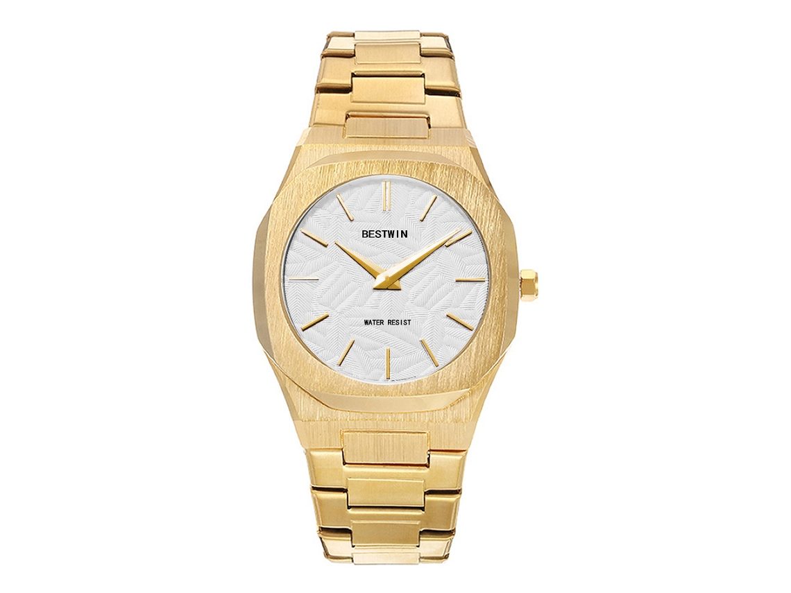Relógio de Quartzo Masculino com Folhas em Relevo MDUG (dourado e Branco)