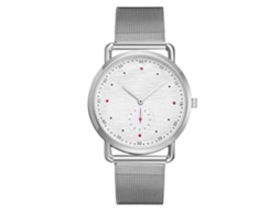 Relógio de pulso feminino em liga metálica com mostrador redondo, movimento de quartzo ajustável, estilo casual (prata + branco)