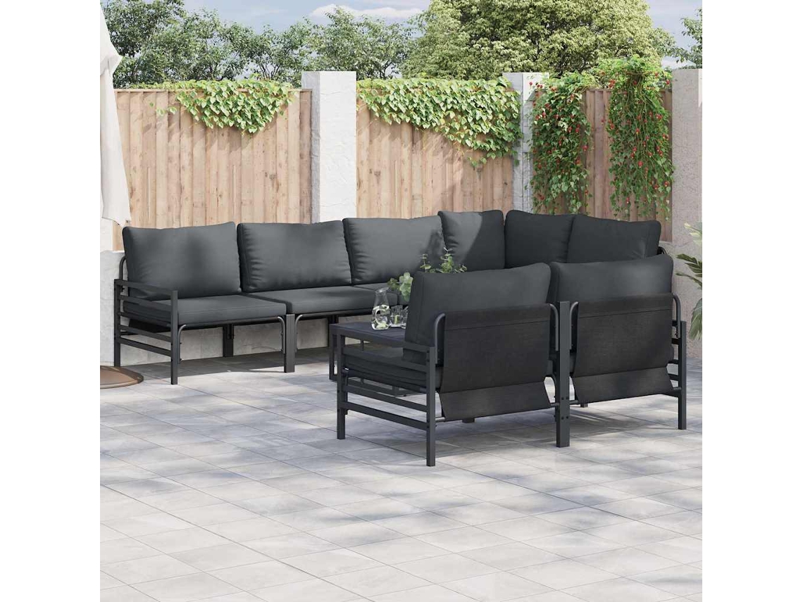 Vidaxl Conjunto De Sofá De Jardim Com Almofada 7 Pcs Preto Aço