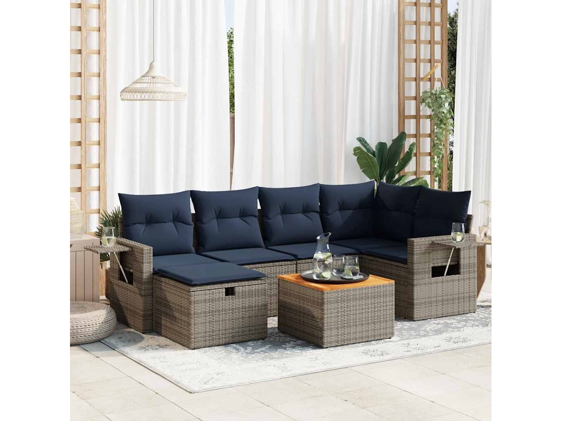 Vidaxl 7 Pcs Conjunto Sofás P/ Jardim C/ Almofadões Vime Pe Cinzento