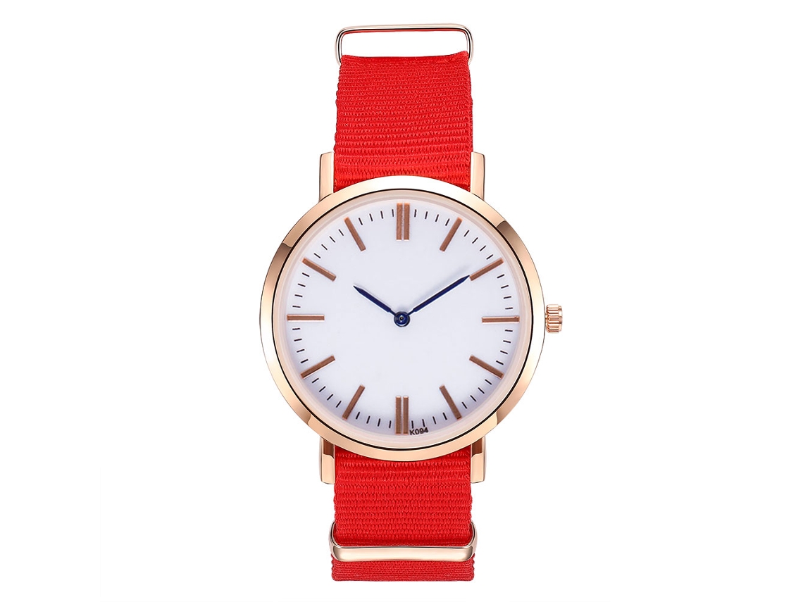 Relógio analógico de quartzo vermelho Zhoulianfa com pulseira de nylon para homens e mulheres.