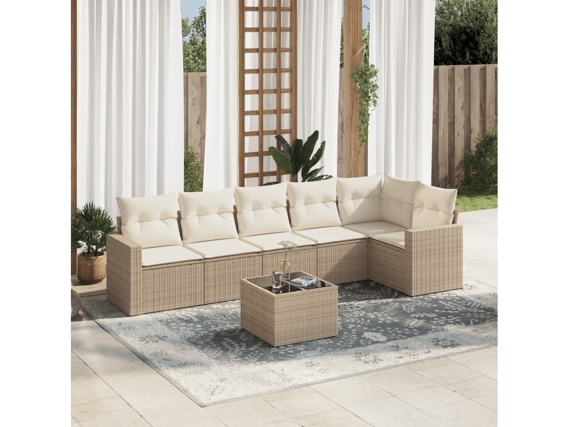 Vidaxl 7 Pcs Conjunto De Sofás P/ Jardim Com Almofadões Vime Pe Bege