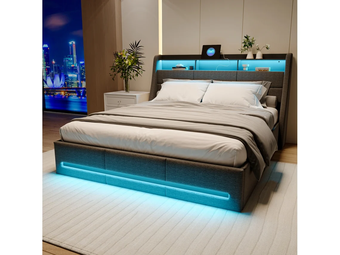 Cama De Casal 140x200 Cm Com Armazenamento Hidráulico | Cama Led Com Portas Usb | Cabeceira E Peseira Com Iluminação | Estrutura Estofada Cinzenta