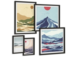 Composição De Quadros Casas Coloridas, Praia, Sol Moldura Preta Quadros Para O Escritório Espelharte (conjunto De 5 Imagens)