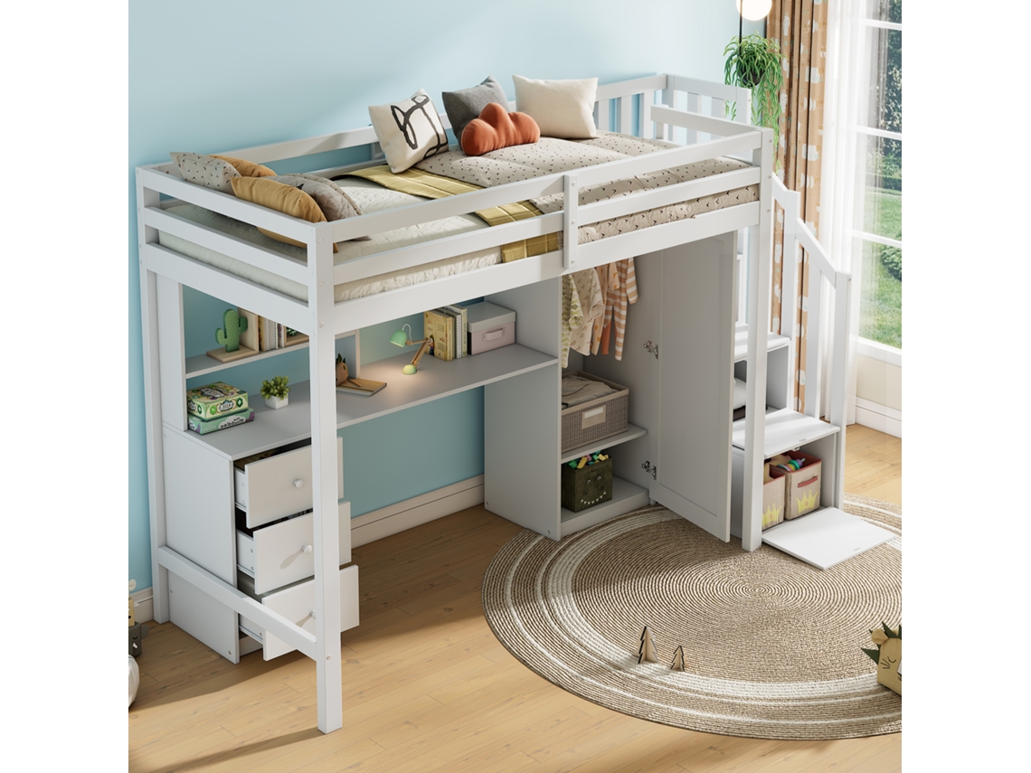 Cama Berço Infantil Multifuncional 90x200cm Branca Com Escada Mesa Armário