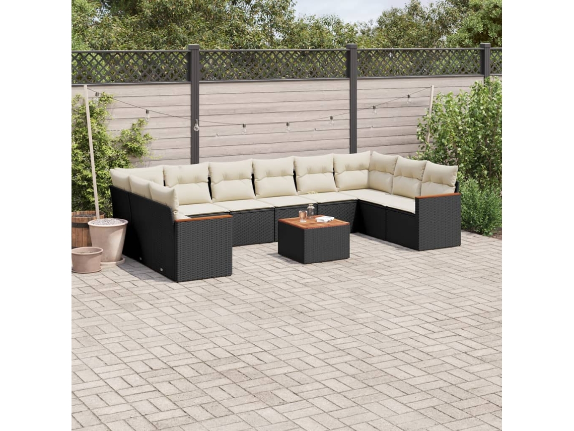 Vidaxl 11 Pcs Conjunto Sofás De Jardim C/ Almofadões Vime Pe Preto