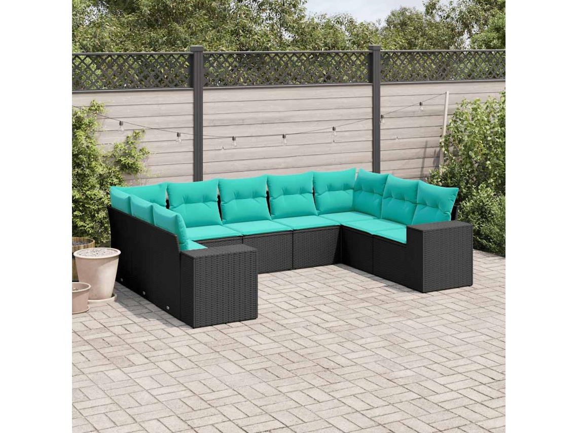 Vidaxl Conjunto De Sofá De Jardim De 9 Peças Com Almofadas Em Rattan Sintético Preto