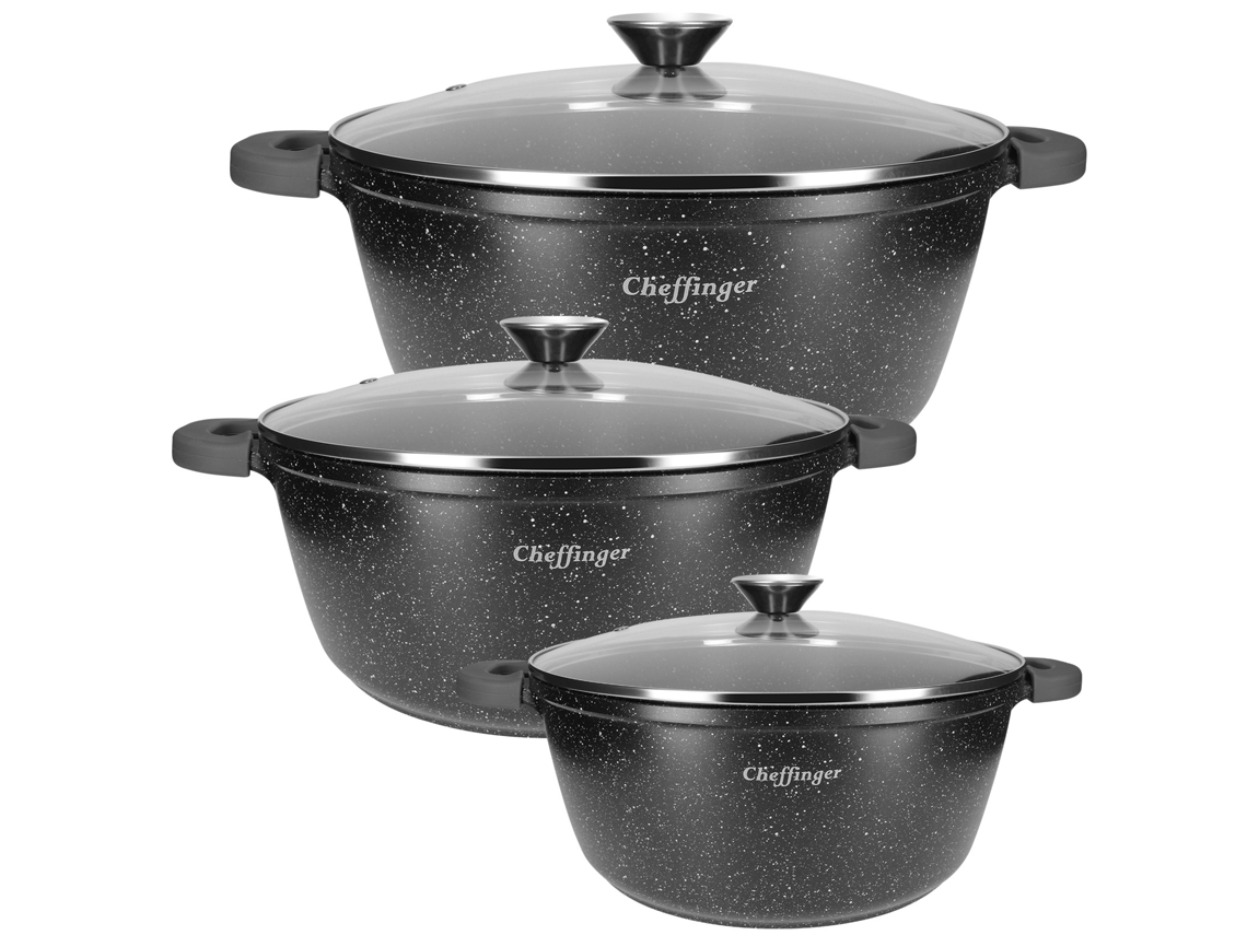 CHEFFINGER Conjunto de 3 Panelas 20/24/28 Cm Revestidas em Mármore com Tampas e Cabos Preto