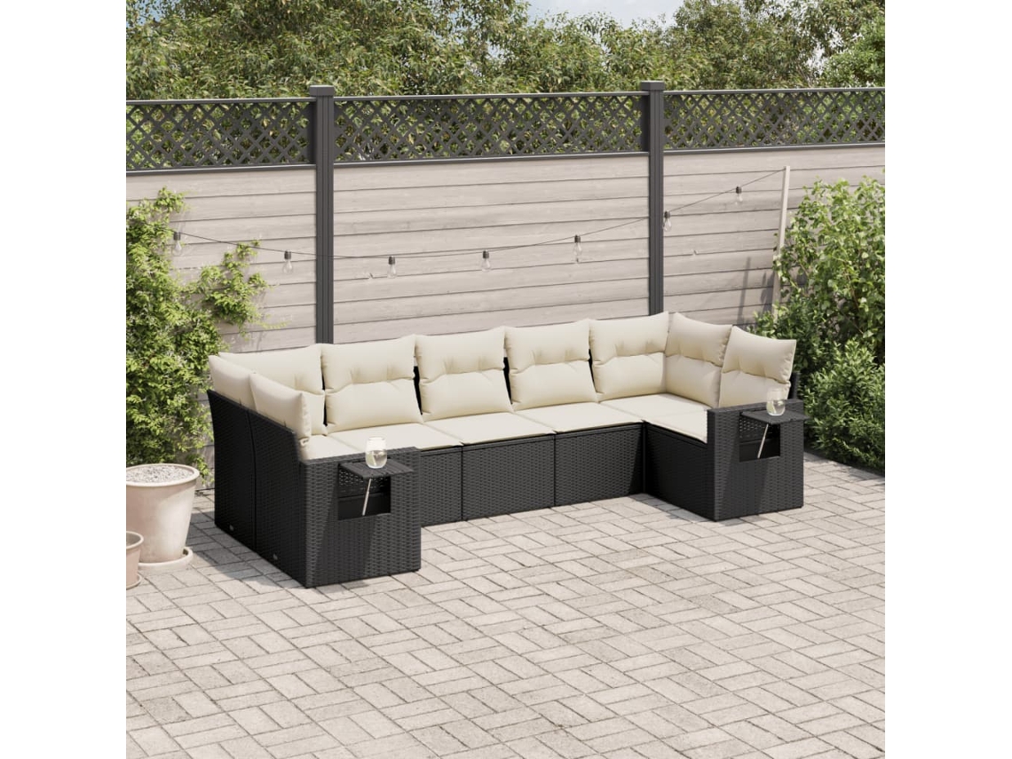 7 Pcs Conjunto De Sofás P/ Jardim C/ Almofadões Vime Pe Preto Dkd Home Decor
