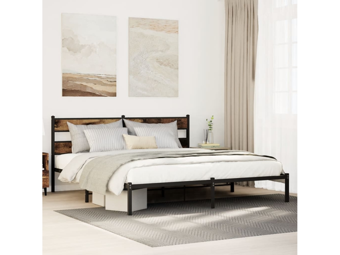 Estrutura De Cama Sem Colchão 193x203cm Metal Carvalho Fumado