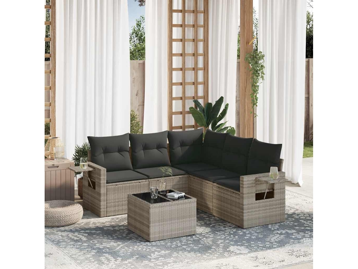 Conjunto 6 Peças Sofás De Jardin Com Almofadões Vime Pe Cinzento Claro Dkd Home Decor