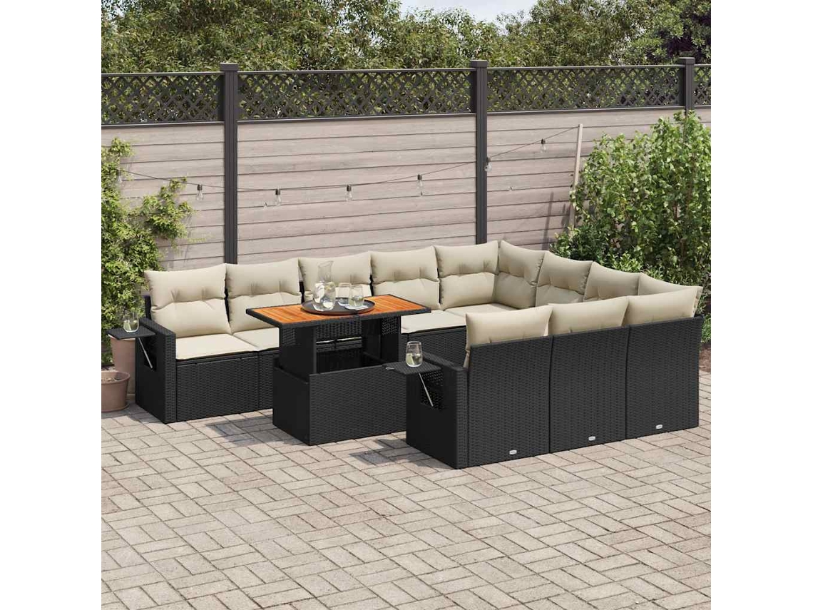Vidaxl 11 Pcs Conjunto Sofás De Jardim C/ Almofadões Vime Pe Preto