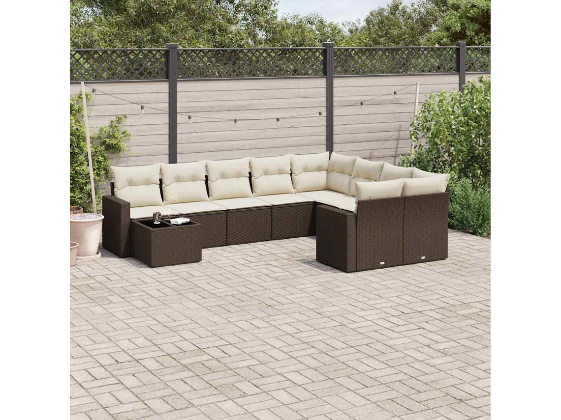 Vidaxl 10 Pcs Conj. Sofás Jardim Com Almofadões Vime Pe Castanho