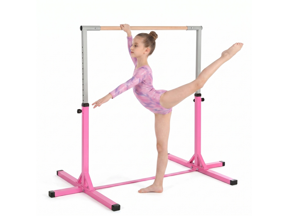 Barra De Gimnasia Para Niños De +3 Años Barra De Entrenamiento Altura Ajustable 92-150 Cm Carga 75 Kg 194x121x150cm Rosa