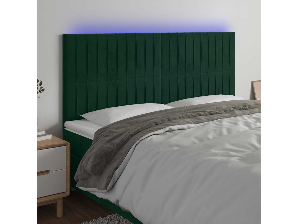 Vidaxl Cabeceira De Cama C/ Led Veludo 180x5x118/128 Cm Verde-escuro