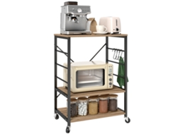 Prateleira de cozinha BTFORUS 3 níveis estilo industrial com rodízios e 4 ganchos 60x40x84 cm cor teca