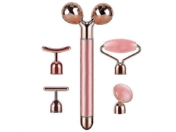 Barra De Beleza De Ouro 24k 5 Em 1, Massagador Facial Elétrico Vibração Rolador 3d Quartzo Rosa Gua Sha Jade