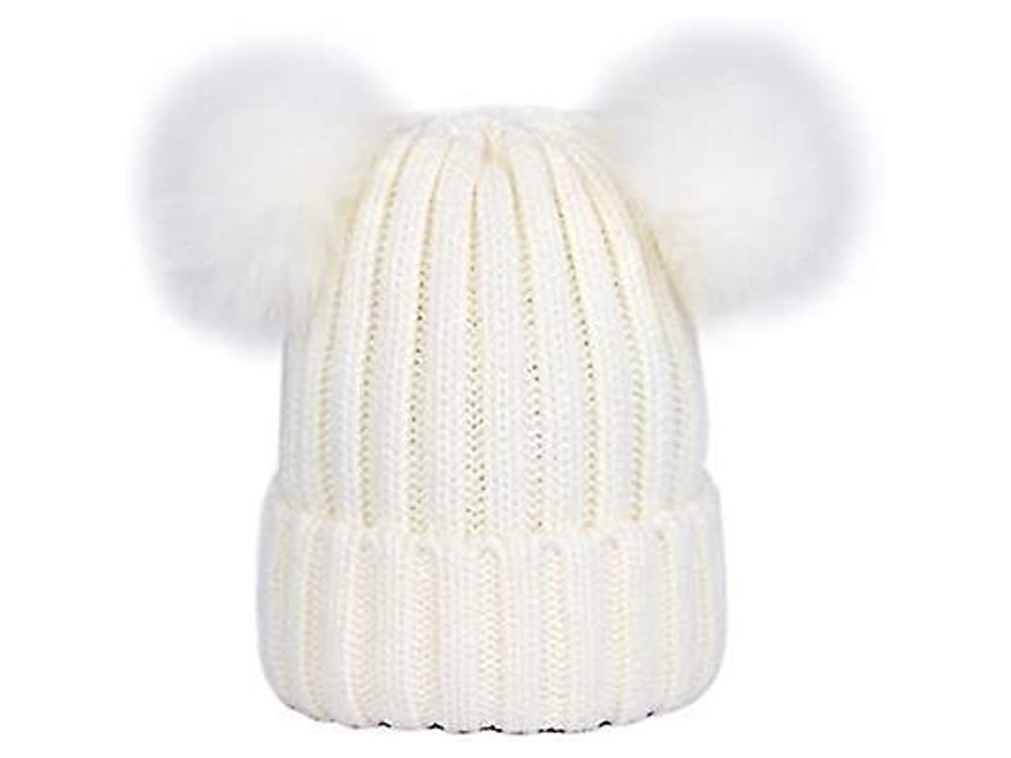 2026 gorro de Pelo Doble Pompon para Mujer Invierno Moda Coreana Tejido Elástico Gorro de Lana Falso Zorro 2 Piezas