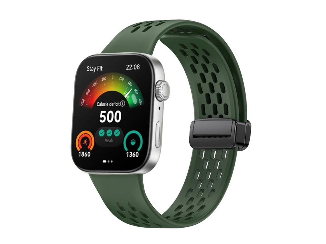 Bracelete Para Huawei Watch Fit 4 Pro / Fit 4 / Fit 3 - Silicone - Fecho Magnético Preto - Estilo Furo Verde Escuro