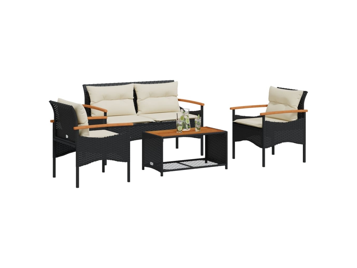 Vidaxl 4 Pcs Conjunto de Sofás para Jardim C/ Almofadões Vime Pe Preto
