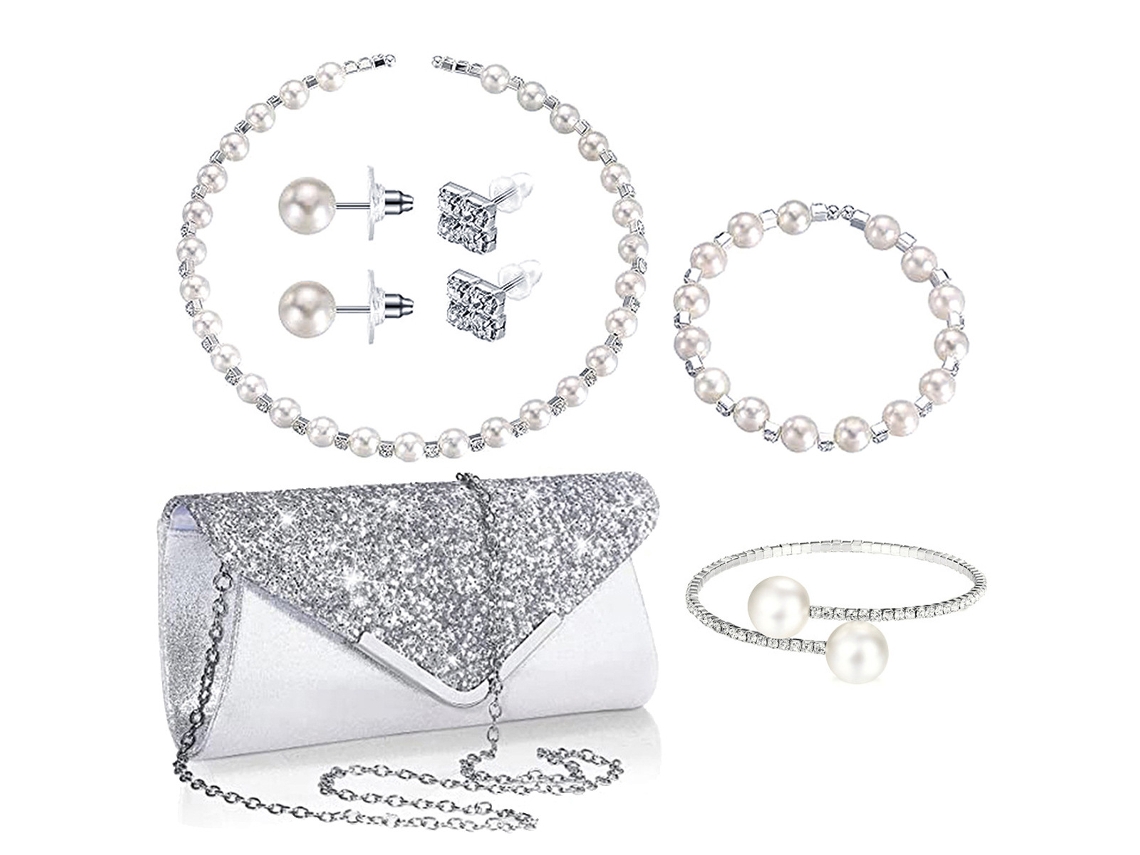 Conjunto De 6 Peças Para Mulheres: Bolsa Clutch De Noite Com Strass, Pulseira E Brincos De Pérolas Artificiais (1) Eifson
