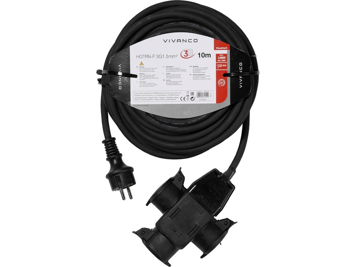 Extensão Exterior 6T VIVANCO 1T Ip44 M-3Xf 10M (Preto)