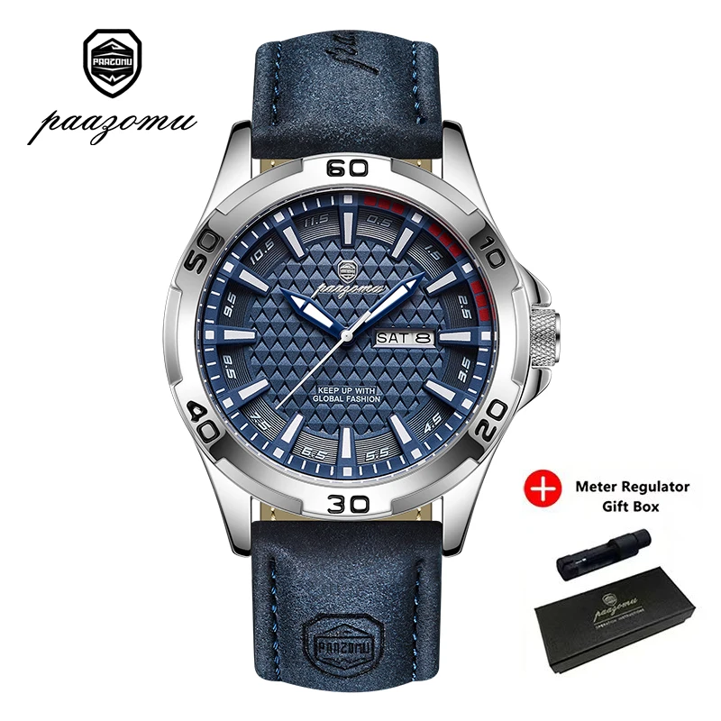 Relógio Militar De Luxo (azul Prateado), Pulseira De Couro Genuíno, Quartzo Esportivo