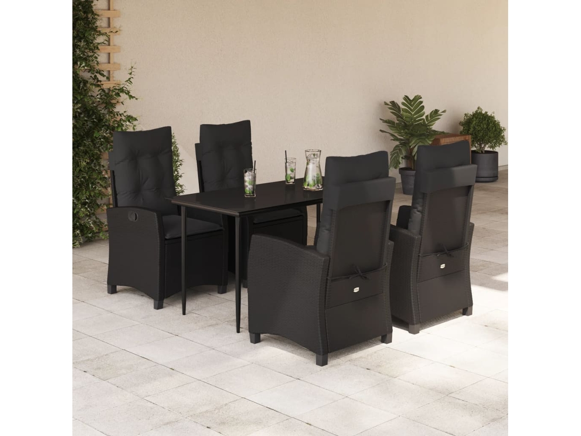 Vidaxl 5 Pcs Conjunto De Jantar P/ Jardim C/ Almofadões Vime Pe Preto