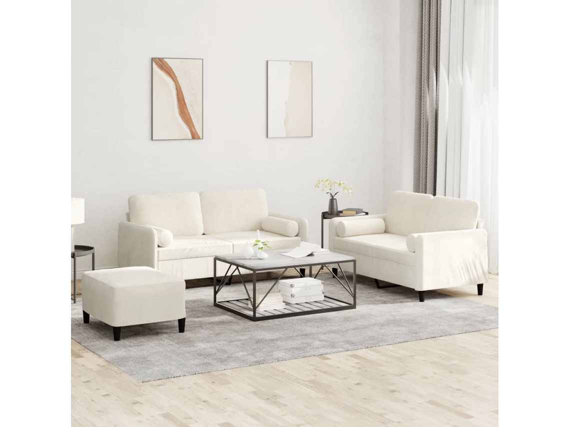 Vidaxl 3 Pcs Conjunto De Sofás Com Almofadas Veludo Cor Creme