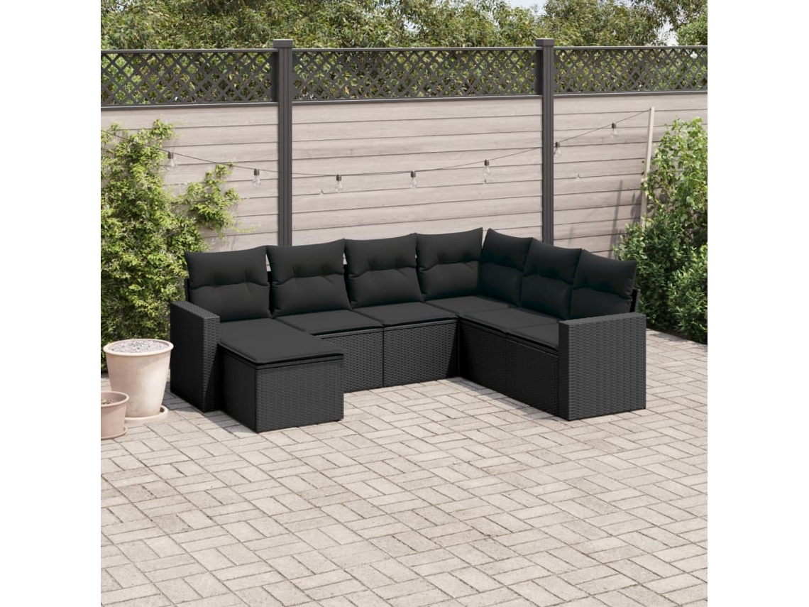 7 Pcs Conjunto De Sofás P/ Jardim C/ Almofadões Vime Pe Preto Dkd Home Decor
