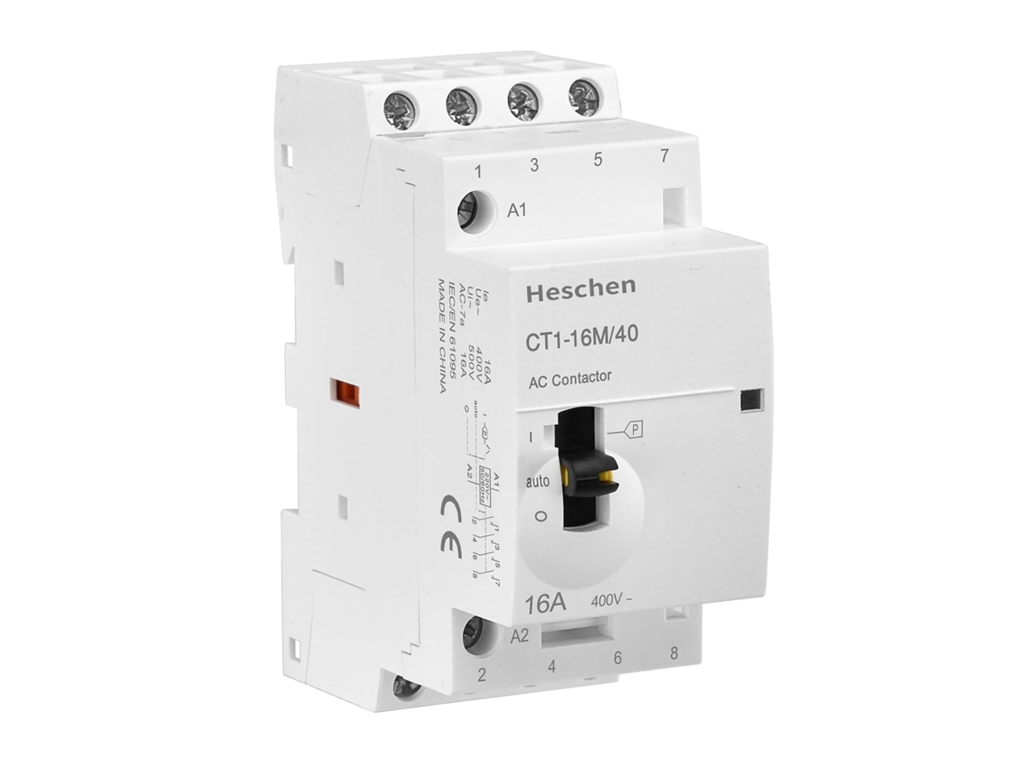 Contator CA modular CT1-16M/40, 16A, 4 polos, 4NA, quatro bobinas normalmente abertas, 220V CA, montagem em trilho DIN de 35 mm, com chave de controle manual