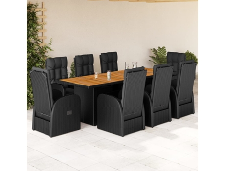 9 Pcs Conjunto de Jantar P/ Jardim com Almofadas Vime Pe Preto COMFORTXL