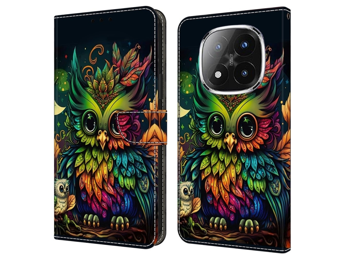 Capa Para Xiaomi Redmi Note 14 Pro 5g Com Compartimento Para Cartão, Estampa De Coruja Colorida, Flexível E Feita Em Couro Pu