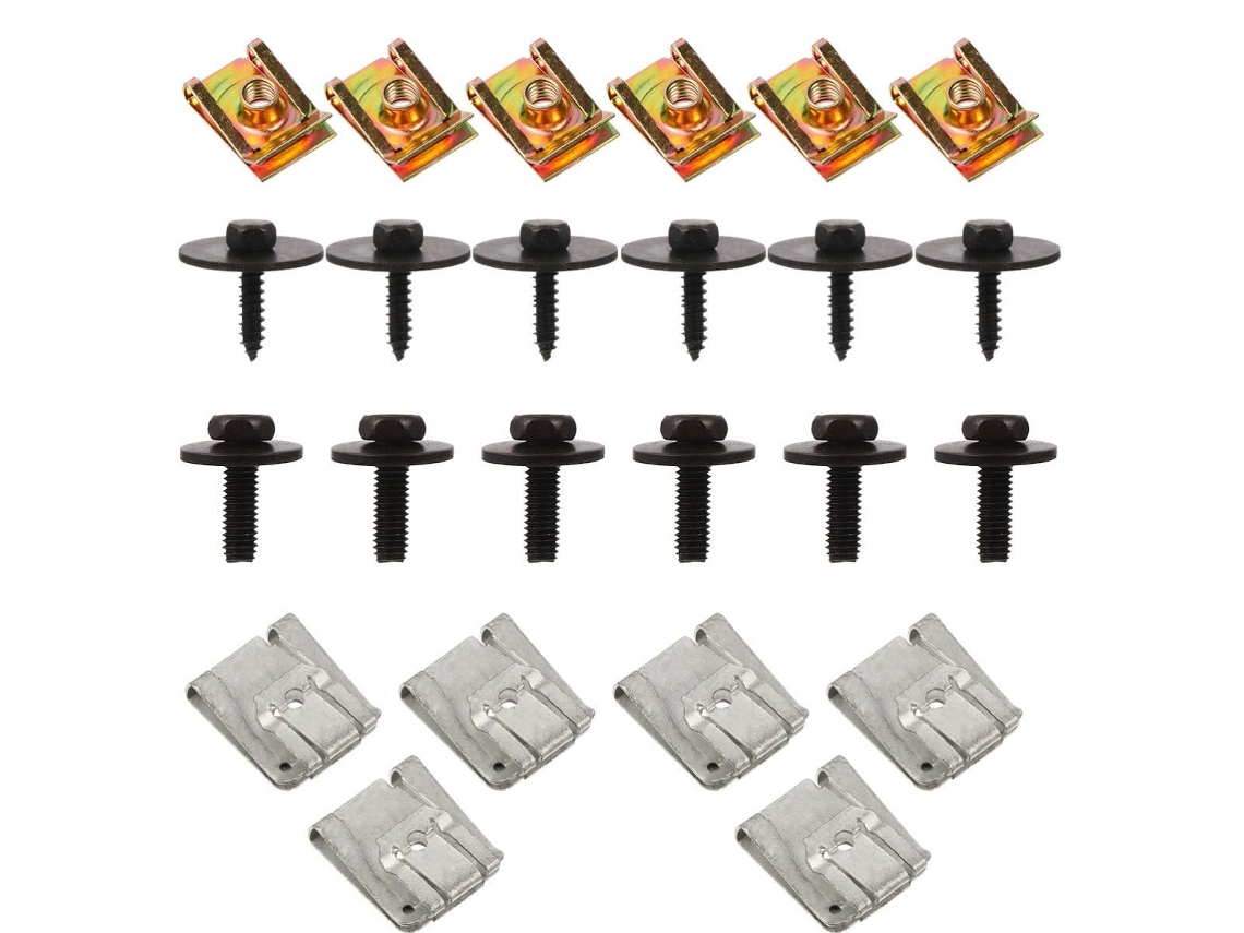 Conjunto de 24 clipes e parafusíveis de aço inoxidável para montagem de motor.