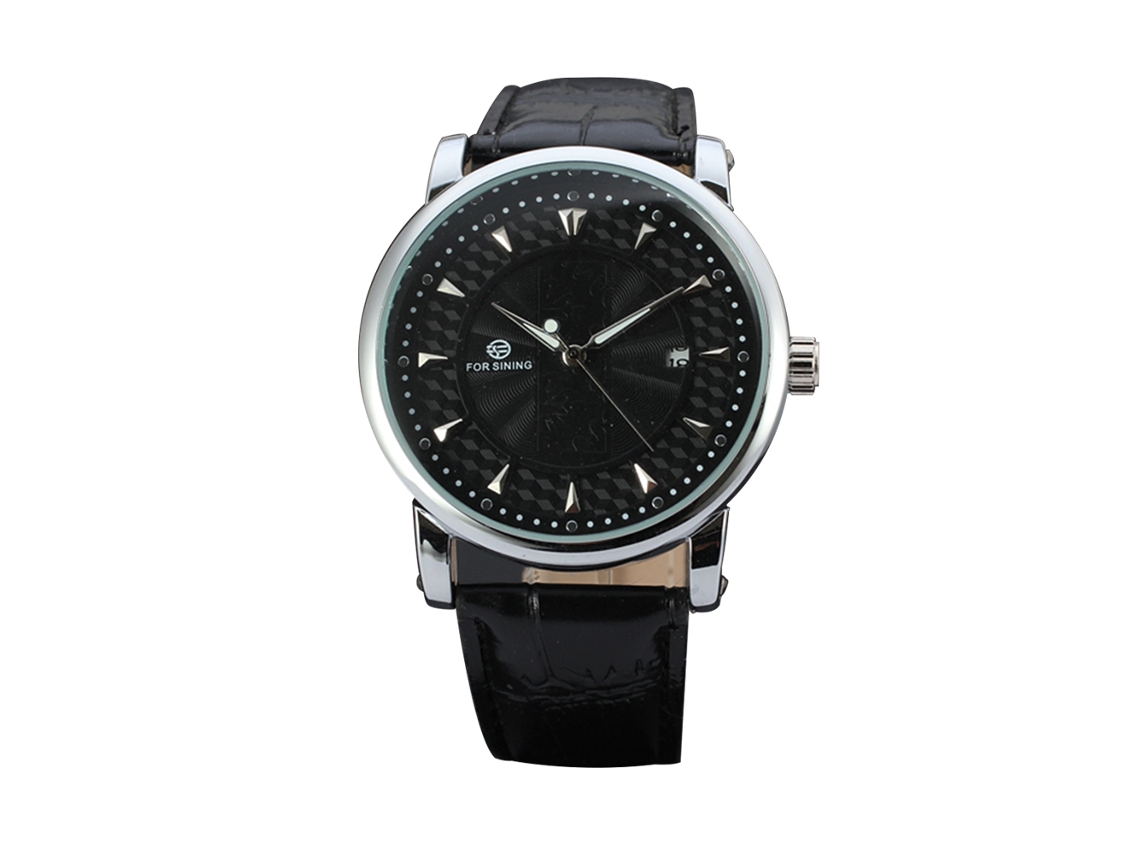 Reloj Automático Mécanico Hombre Casual Pulsera Pu Agua Resistente Forsining Negro Plateado
