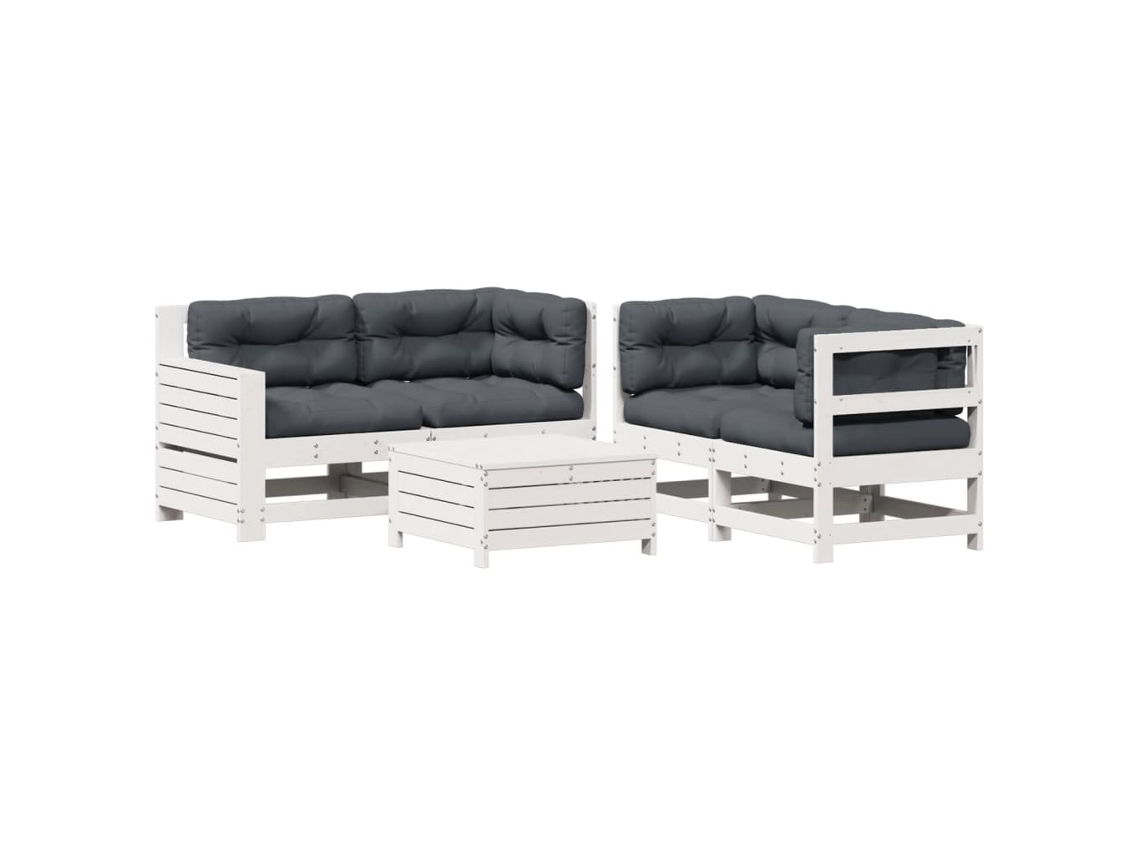 Conjunto 5 lounge de jardim c/ almofadões VIDAXL pinho maciço branco