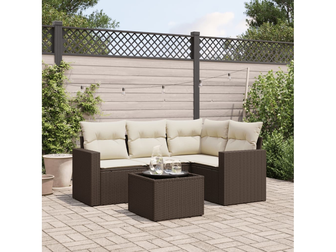 Vidaxl 5 Pcs Conjunto Sofás P/ Jardim C/ Almofadões Vime Pe Castanho