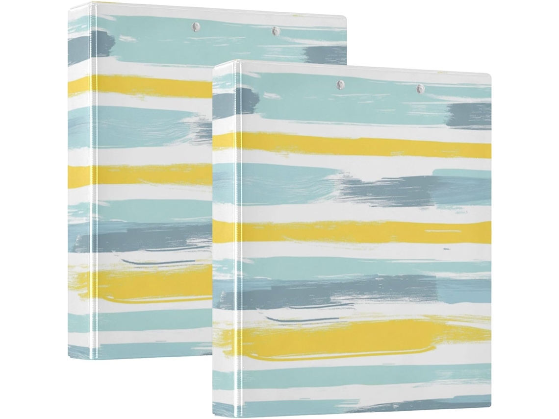 Pasta Caderno com estampa listrada em cinza, azul e amarelo claro, 3,5 cm de comprimento, com embalagens internas.