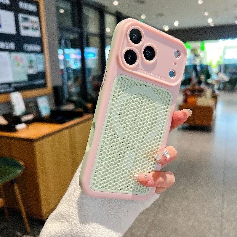Capa Protetora Magsafe Rosa Para Iphone 16 Com Tela De Dissipação De Calor E Material Respirável.