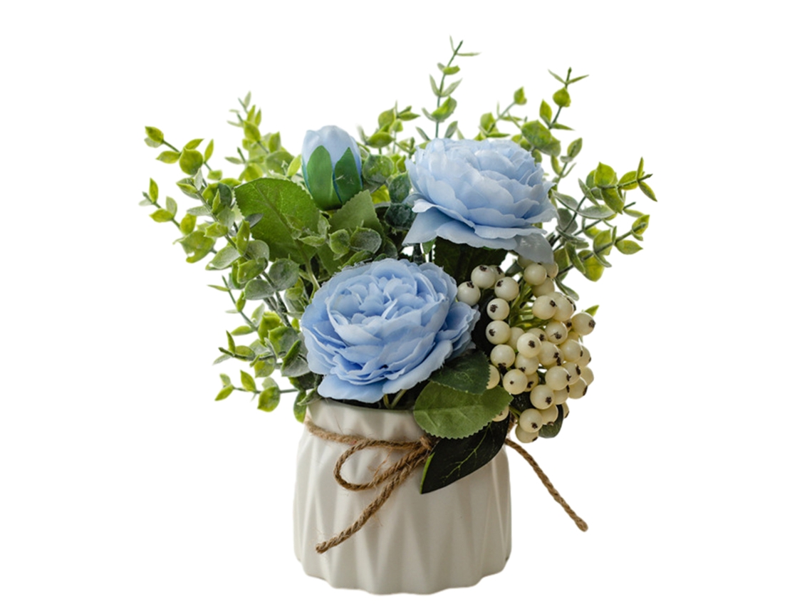 Flor Artificial Hortênsia e Pequeno Vaso de Cerâmica Arranjo com Folha de Eucalipto NEVEANCE