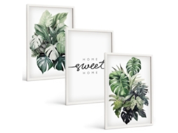 Composição De Quadros Na Parede Plantas Com As Palavras ''doce Lar'' Moldura Branca Imagens Para Um Quarto Infantil Espelharte (3 Piezas De 40x60 Cm)