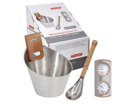 Kit de accesorios para la sauna Harvia de Poolstar, compuesto por cubo y cazo de acero inoxidable y termómetro con higrómetro