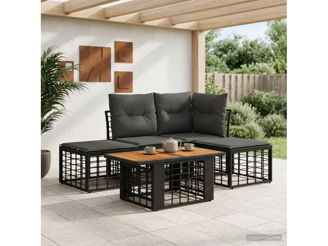 Vidaxl Conjunto De Sofá De Jardim 5 Unid. Preto E Cinza Escuro Vime Pe
