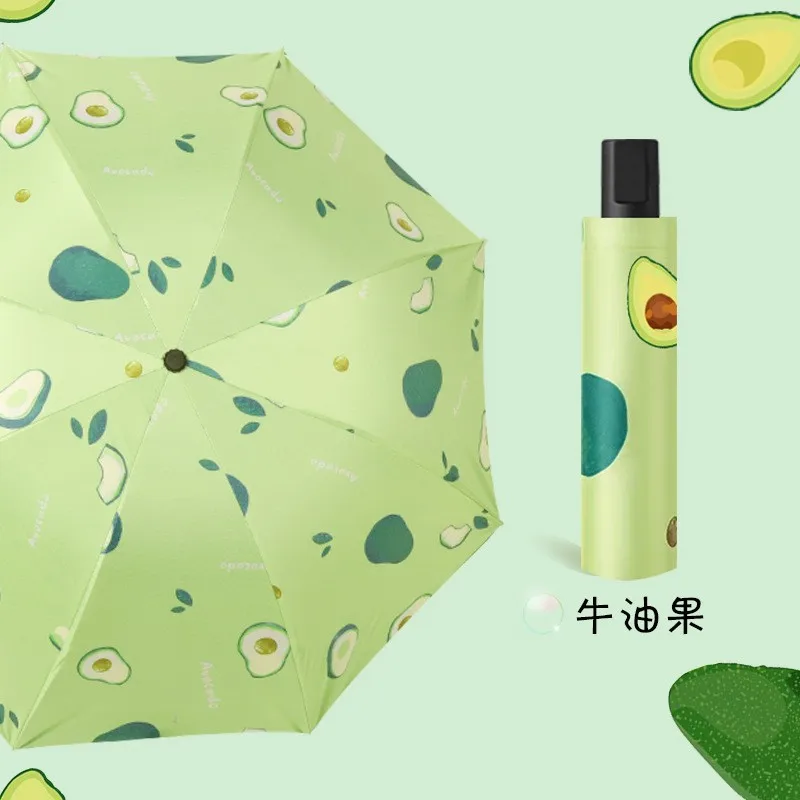 Guarda chuva Artesanal com Estampa de Frutas , Dobrável, com Cola Preta, para Proteção Solar e Chuva. MDUG (abacate 8k)