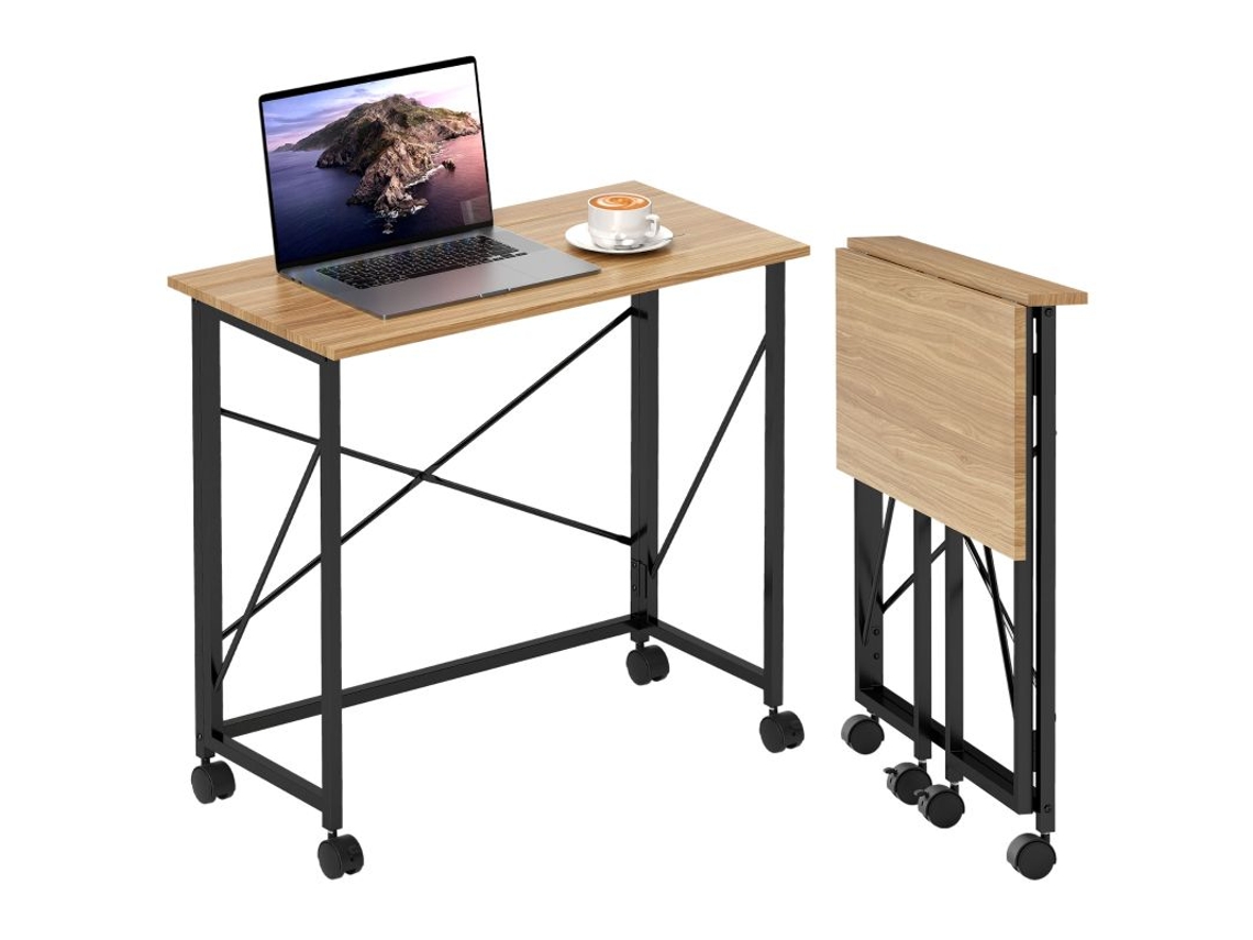 Mesa Dobrável Com Rodízios Em Aço E Mdf, Compacta E Elegante Em Carvalho Para Espaços Pequenos.